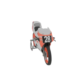 Modelo 3D de una motocicleta de carreras vintage con librea naranja y blanca y el número 28, expuesta en un soporte.