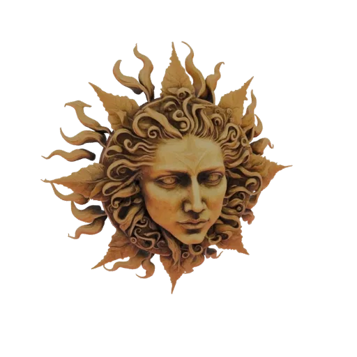 3D model of a Sun God face with flowing hair and sun rays, rendered in a classical, stone-like texture.