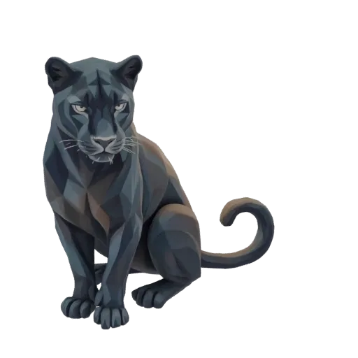 A low poly 3D model of a black panther sitting, rendered with sharp geometric facets and a dark color scheme.
