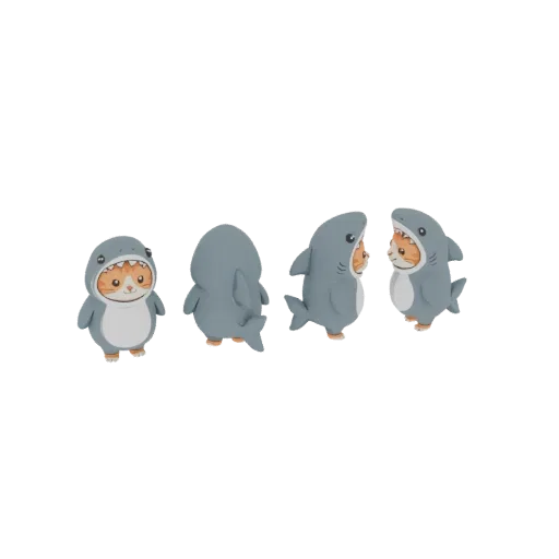 3D model of a cute orange cat wearing a grey shark costume, shown from multiple angles.