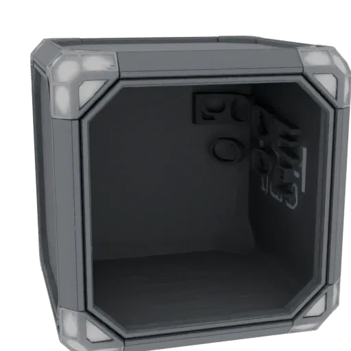 A 3D render of a dark gray, futuristic storage crate with illuminated corner lights and an open front.