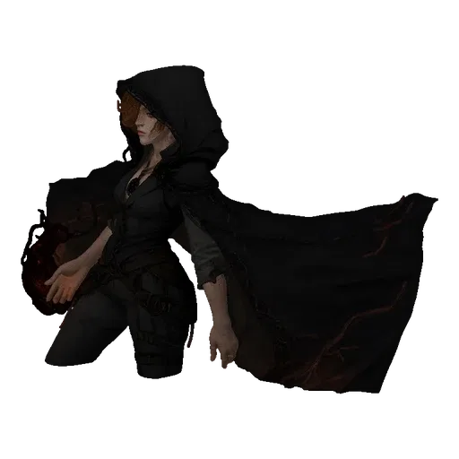 3D model of a dark hooded sorceress with a flowing black cape, standing in a dynamic pose.
