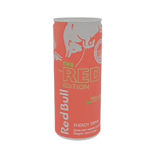 3D model of a Red Bull The Red Edition Watermelon energy drink can, rendered on a white background.