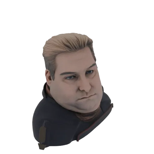 A 3D render of a chubby man's bust, featuring blonde hair, blue eyes, and a dark jacket.