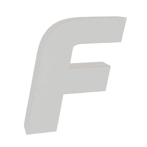 A 3D render of the letter 'F' with a layered, stepped design, appearing in a light gray color against a black background.