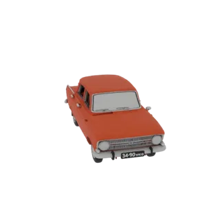 Modèle 3D d'une voiture sedan orange vintage avec un toit blanc et une plaque d'immatriculation '34-90 УКО', vue sous un lége
