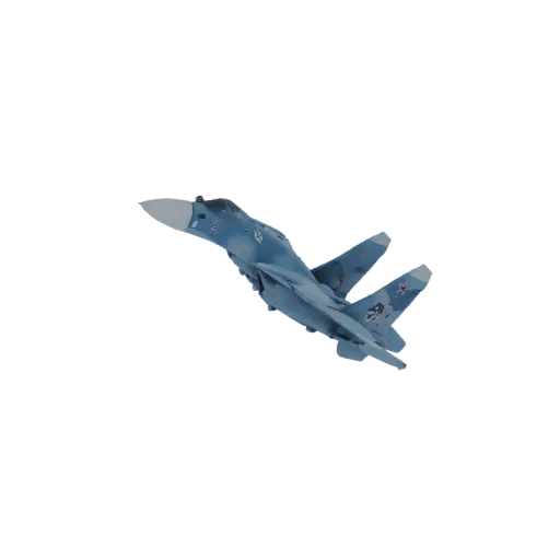 3D model of a Russian Su-57 stealth fighter jet in flight, showcasing its blue camouflage and angular design.