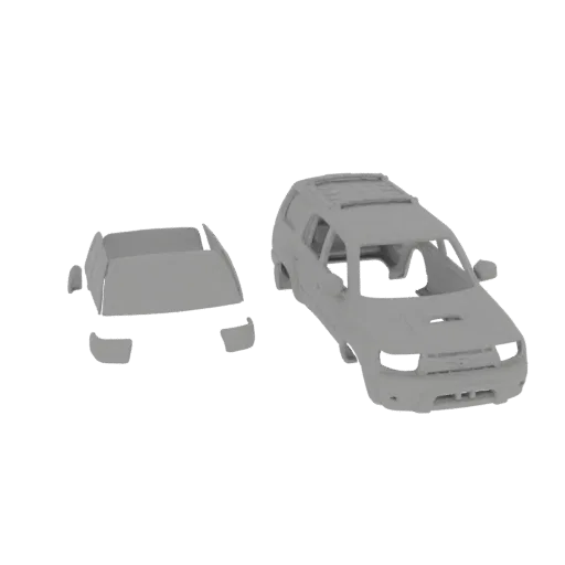 Modèle 3D de carrosserie et châssis de SUV gris, séparés et vus de côté.