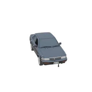 Un modelo 3D de un sedán gris oscuro de los años 90, visto desde un ángulo ligeramente elevado, sobre un fondo blanco.