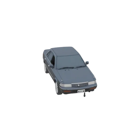 A 3D model of a dark gray 1990s sedan, viewed from a slightly elevated angle, against a white background.