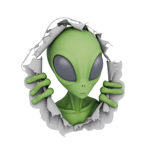 A 3D render of a green alien with large dark eyes peeking through a torn hole in white paper, its hands gripping the edges.