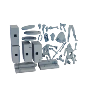 Modelo 3D de guerreiro esqueleto gótico com recorte de coração, segurando espada e escudo, com acessórios diversos.