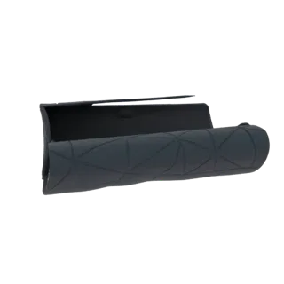 3D model of a dark grey clutch bag with a geometric pattern, shown slightly open against a black background.