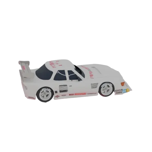 Side view of a white 3D model racing car with red sponsor decals and a large rear spoiler, set against a black background.