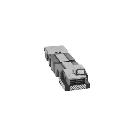 Modèle 3D d'un tracteur aéroportuaire industriel, vu sous un angle légèrement élevé de côté, montrant sa conception robuste e