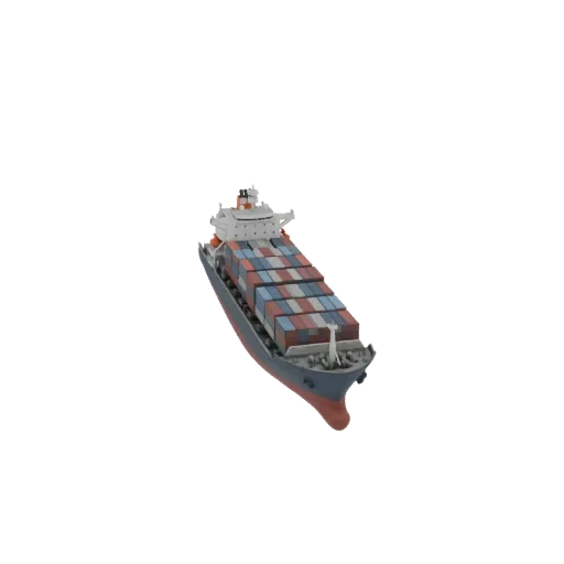3D model of a large container ship with stacks of cargo containers on its deck, set against a black background.