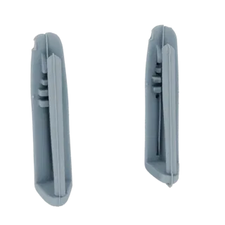 Renderização de modelo 3D de bucha plástica cinza, mostrada de dois ângulos diferentes contra um fundo preto.