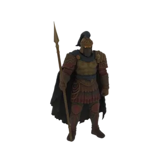 3D model of an Ancient Greek warrior in red and gold armor, wearing a blue cape and helmet, holding a spear.