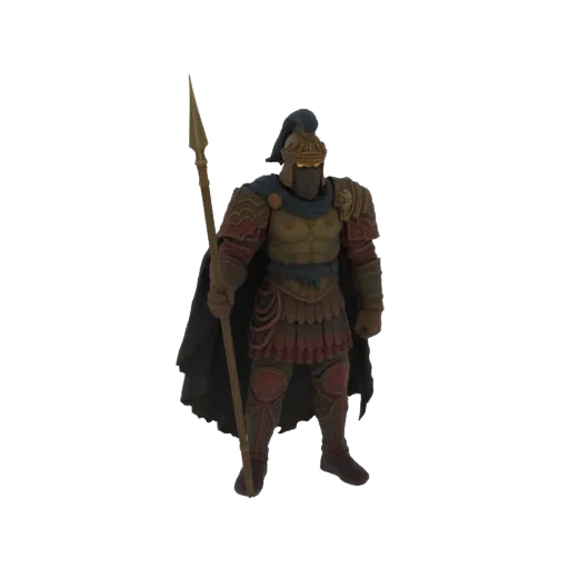 3D-Modell eines antiken griechischen Kriegers in rot-goldener Rüstung, mit blauem Umhang und Helm, der einen Speer hält.