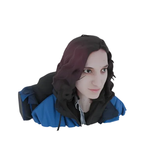 3D model of a young woman with dark wavy hair, wearing a blue jacket, looking to the side.