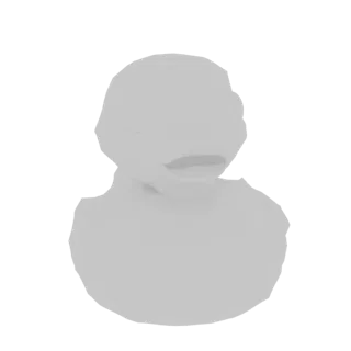 A light gray, stylized cartoon fish 3D model with large eyes and an open mouth, presented against a white background.