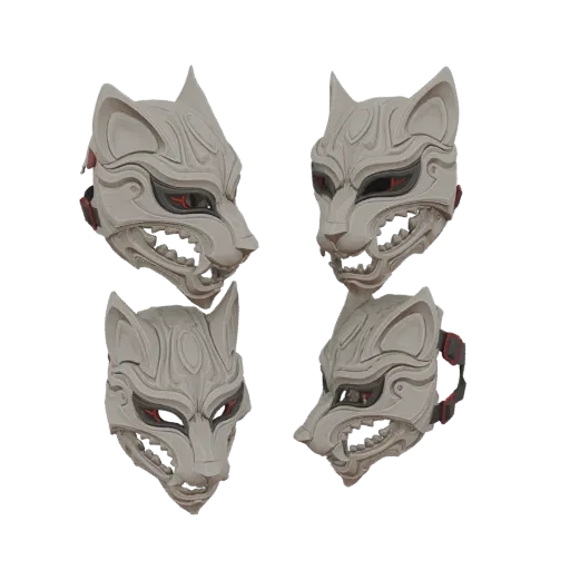 A 3D render of a white Japanese Kitsune mask with red eyes and sharp teeth, shown from multiple angles.