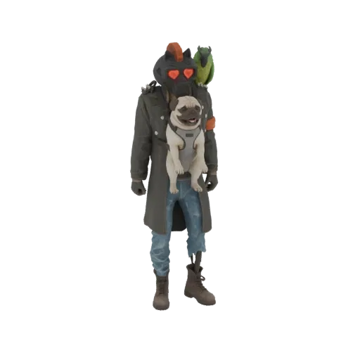 3D model of a cyberpunk character wearing a gas mask, carrying a pug in a chest harness, with a parrot on their shoulder.