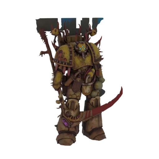 3D model of a Nurgle Plague Marine in yellow armor, holding a red scythe, with a black background.