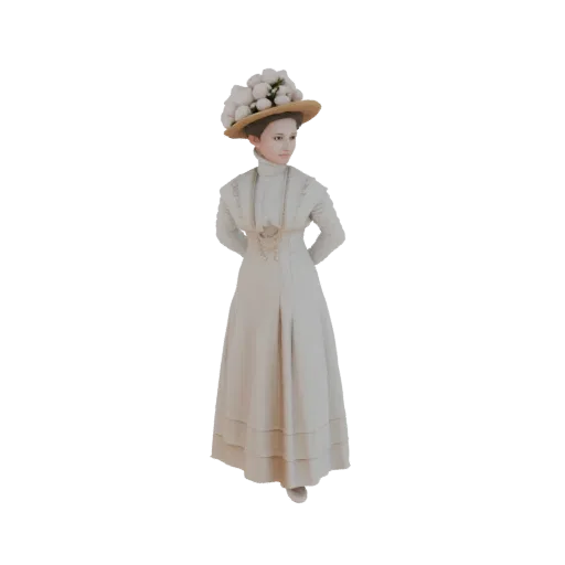 3D model of a Victorian lady in a cream-colored dress and a large hat adorned with white flowers, standing with hands behind