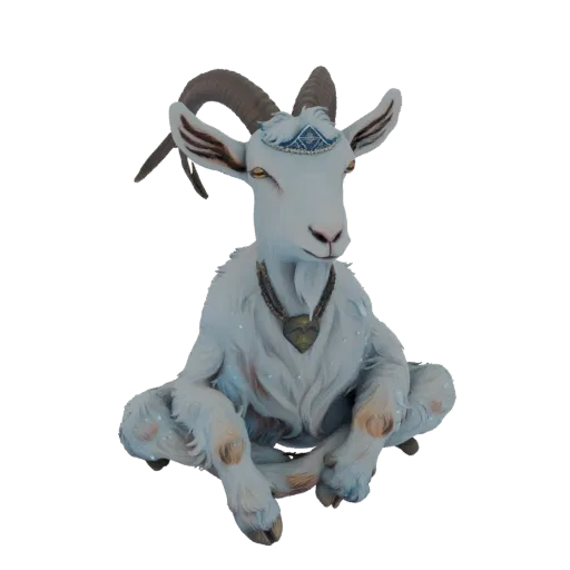 3D model of a white goat sitting in a meditative pose, wearing a heart pendant and a celestial crown.