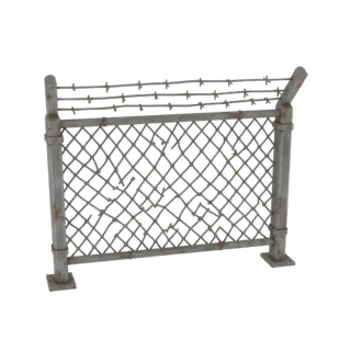 Um modelo 3D de uma cerca de arame danificada com arame farpado no topo, mostrando ferrugem e rasgos na malha.