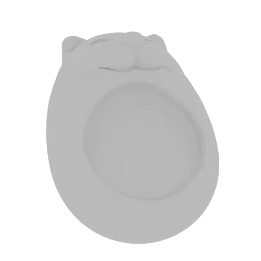 Ein 3D-Render eines hellgrauen, stilisierten Eierbechers in Form einer schlafenden Katze mit ihrem Gesicht oben.