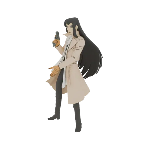 3D model of an anime detective character wearing a beige trench coat and scarf, holding a pistol in a dynamic pose.