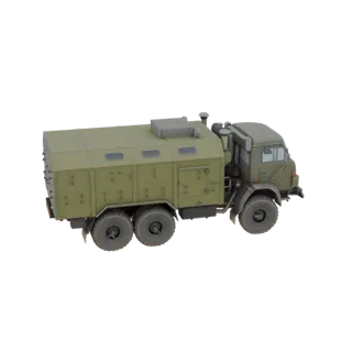 Modelo 3D de um camião de comando militar verde-oliva com cabine fechada grande e múltiplos eixos, mostrado de um ângulo late