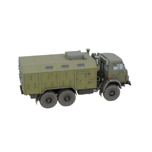 Modelo 3D de un camión de mando militar verde oliva con cabina cerrada grande y múltiples ejes, mostrado en ángulo lateral.