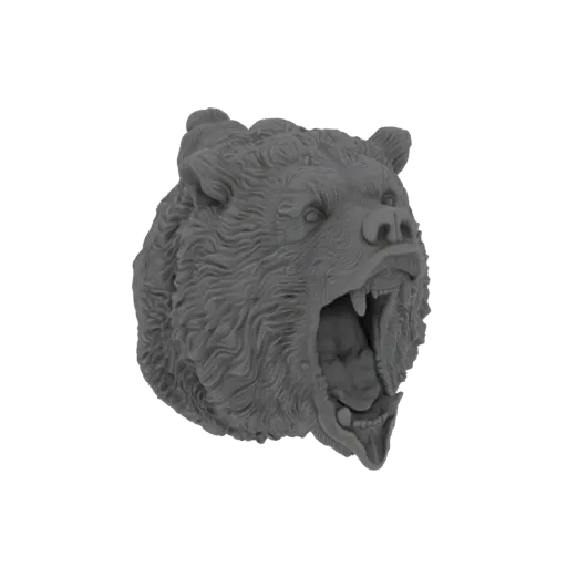 A detailed 3D model of a grizzly bear's head, roaring with its mouth open and teeth bared, against a black background.