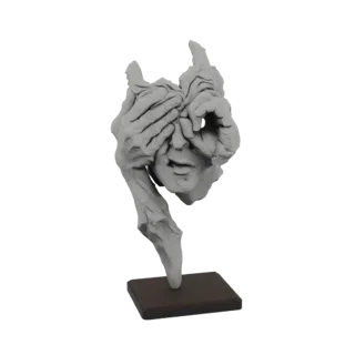 3D-Modell einer abstrakten Skulptur eines menschlichen Gesichts mit Händen, die die Augen bedecken, präsentiert auf einem dun