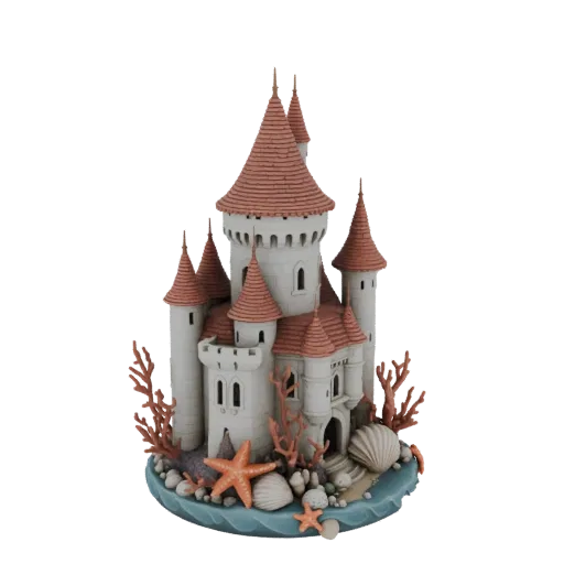 3D model of a whimsical underwater castle diorama with coral, starfish, and seashells on a blue base.
