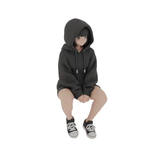 Modelo 3D de garota anime com cabelo escuro curto, vestindo moletom preto e tênis, sentada em pose relaxada.