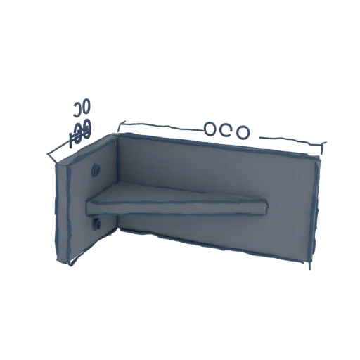 Modèle 3D d'équerre métallique en L avec dimensions 30, 100 et 600 clairement marquées.