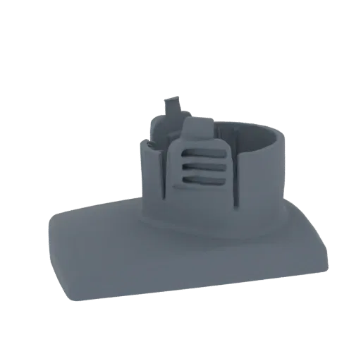 3D model of a gray vacuum cleaner attachment base with a flat bottom and a detailed cylindrical top section with vents.