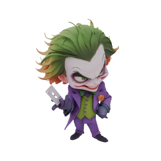 A 3D render of a Chibi Joker character wearing a purple suit and green vest, holding a playing card in his hand.