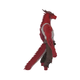 3D model of a red dragon warrior standing with its tail extended, wearing a white tank top and brown pants.