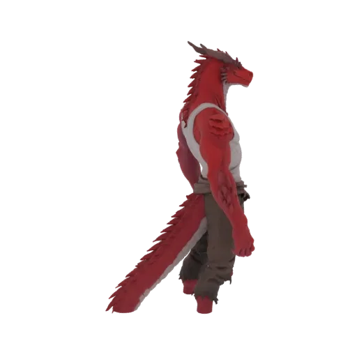 3D-Modell eines roten Drachenkriegers, der mit ausgestrecktem Schwanz steht und ein weißes Tanktop und eine braune Hose trägt