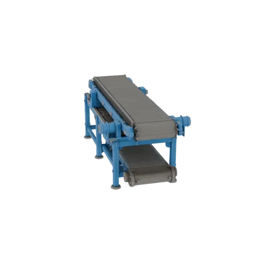 3D model of an industrial belt conveyor with two belt levels, blue frame, and grey belts.