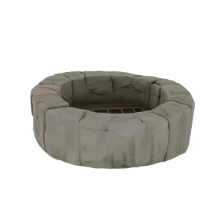 Modello 3D di un rustico pozzo in pietra con una grata in legno sul fondo, su sfondo bianco.