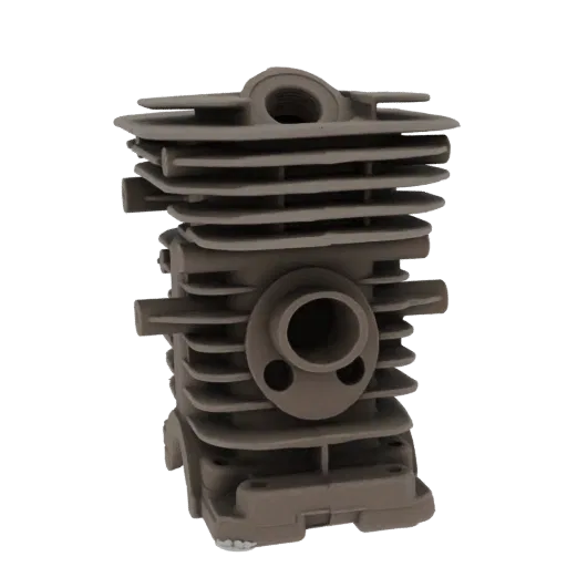 A detailed 3D model of a grey engine cylinder block with prominent cooling fins, presented against a black background.