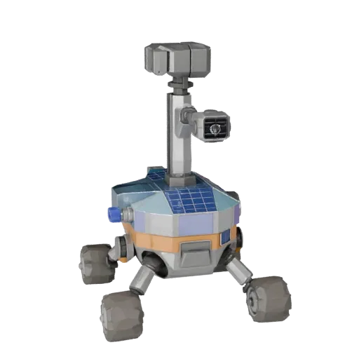 Lunar Sample Collector Low Poly 3D model, game viewport three-quarter view, showing dusty wheels, vehicle stance.