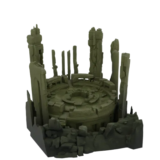3D model of a weathered, ancient temple in ruins, with broken pillars and rubble scattered around a central circular structure.
