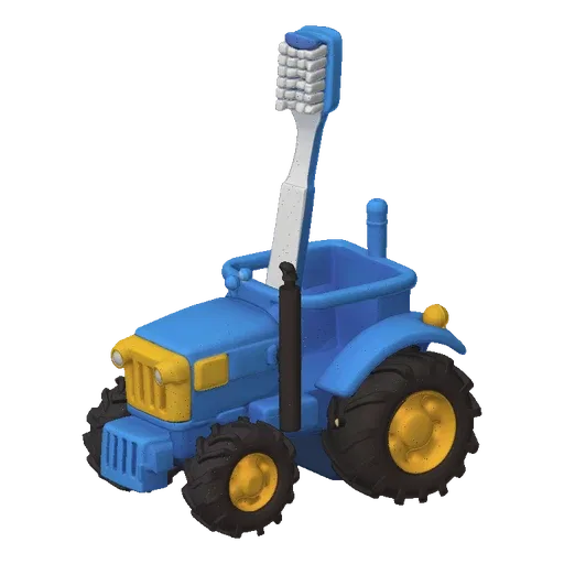 3D model of a blue tractor stylized as a toothbrush holder, with yellow wheels and headlights.